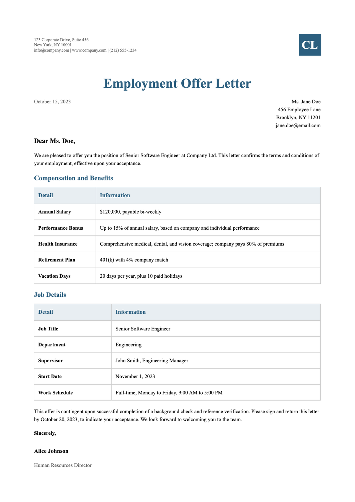 Australia job offer letter with compensation details and table format_variant_3